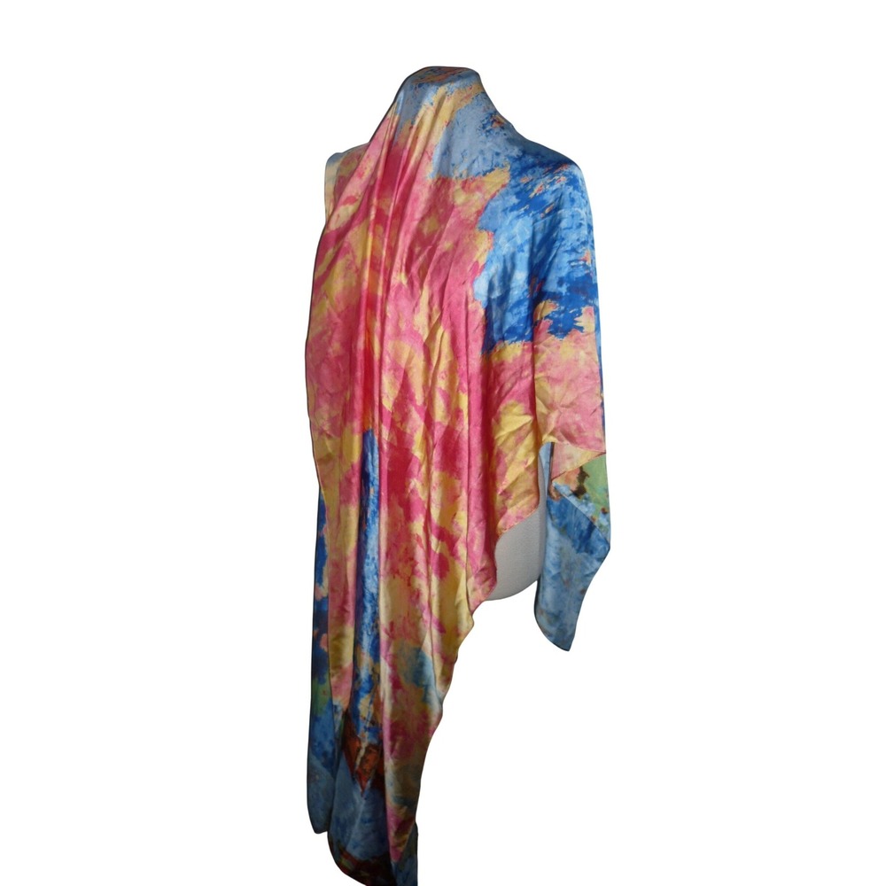 Vibrant Abstract Print Silky Feel Scarf Shawl Wrap Blue Pink Yellow 35x70" Large